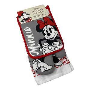 New Disney MINNIE MOUSE 3PC Kitchen Towel Oven Mitt Pot Holder Set Home Parks